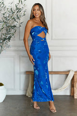 Hottest Friend Mesh Strapless Maxi Dress Blue