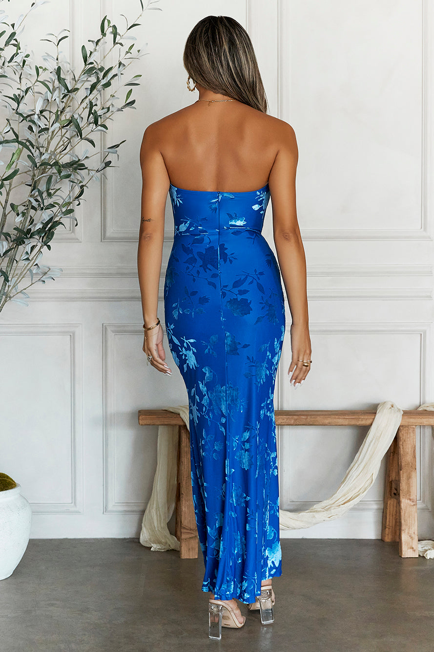 Hottest Friend Mesh Strapless Maxi Dress Blue