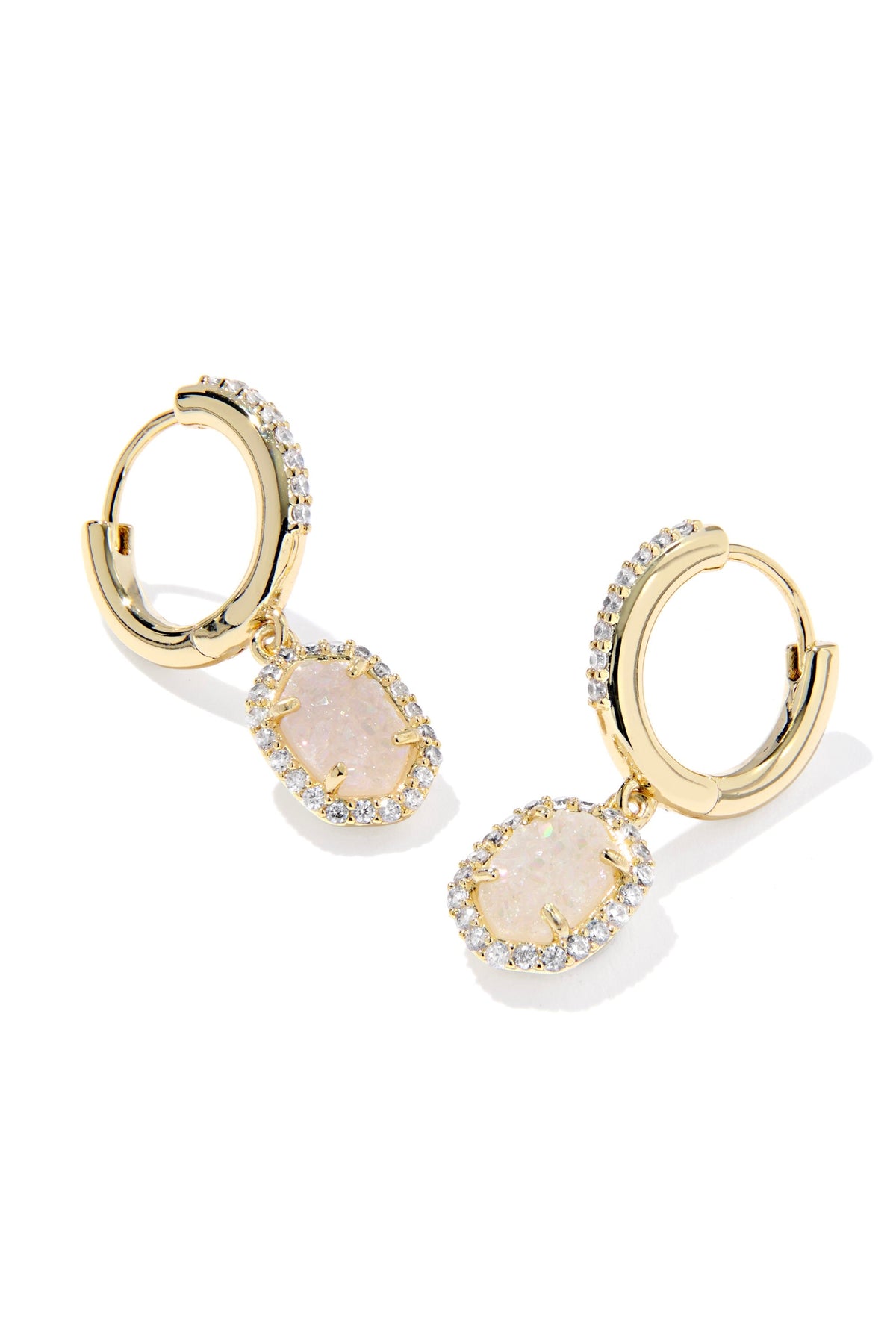Daphne Gold Crystal Frame Huggie Earrings Iridescent Drusy White CZ