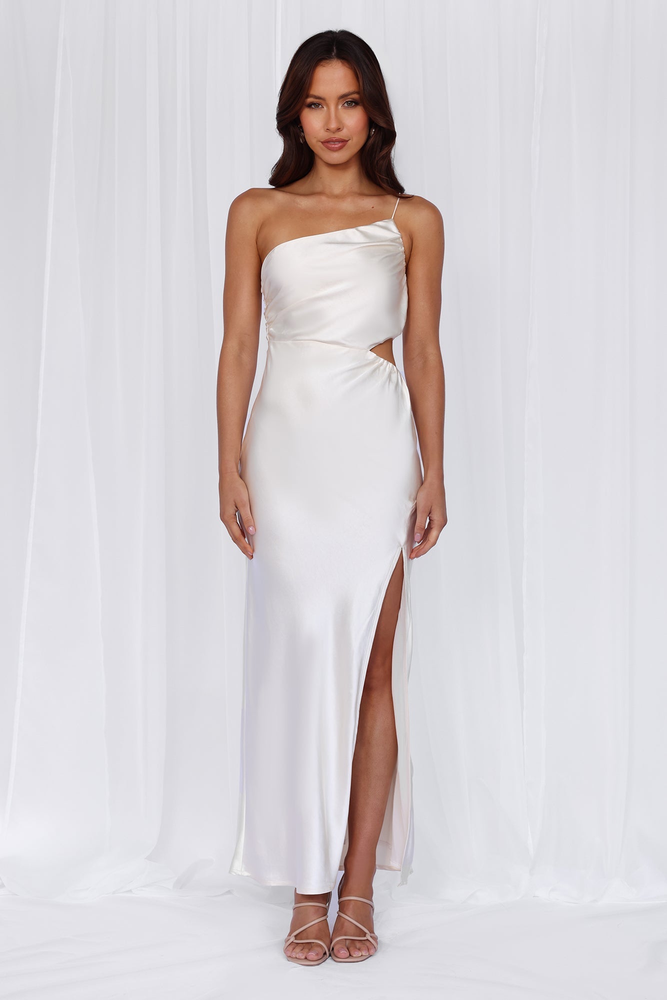 HELLO MOLLY The Opal One Shoulder Satin Maxi Dress Pearl