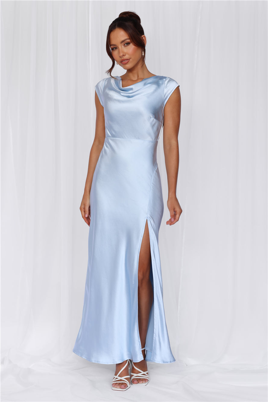 HELLO MOLLY The Valentina Cap Sleeve Satin Maxi Dress Blue
