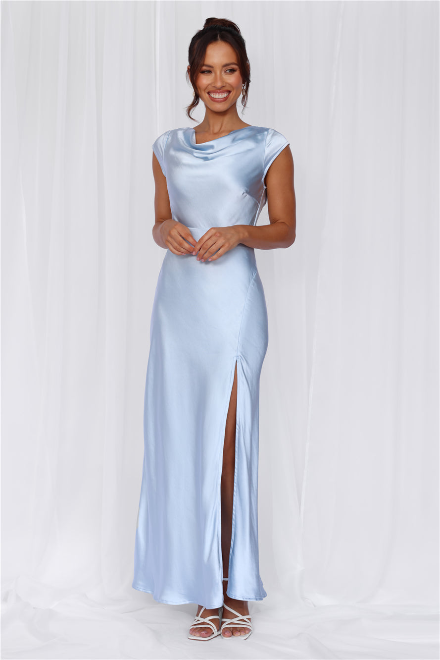 HELLO MOLLY The Valentina Cap Sleeve Satin Maxi Dress Blue