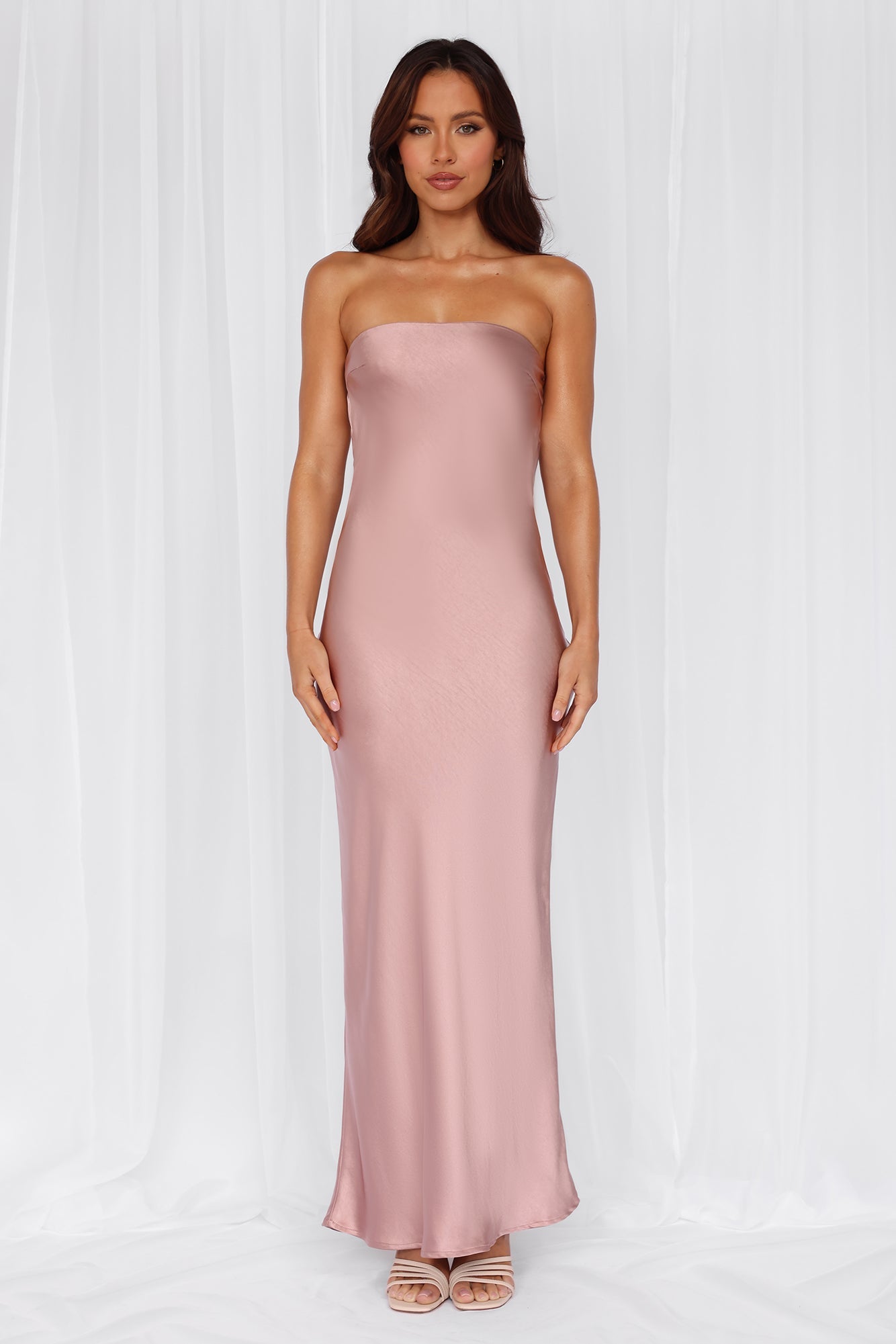HELLO MOLLY The Felicity Strapless Satin Maxi Dress Dusty Pink