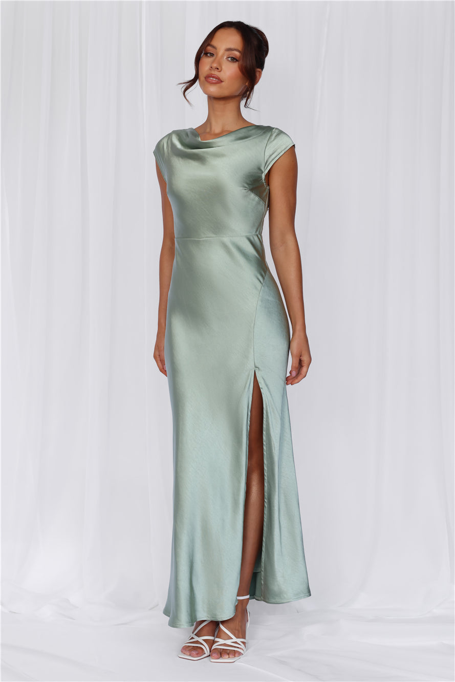 HELLO MOLLY The Valentina Cap Sleeve Satin Maxi Dress Sage
