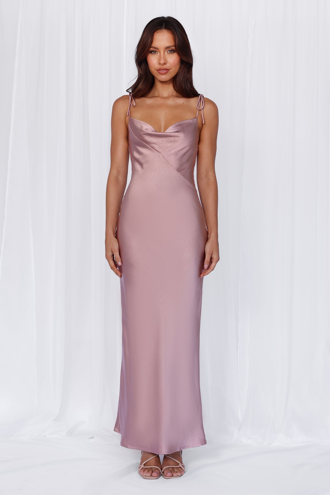 HELLO MOLLY The Penelope Cowl Satin Maxi Dress Dusty Pink