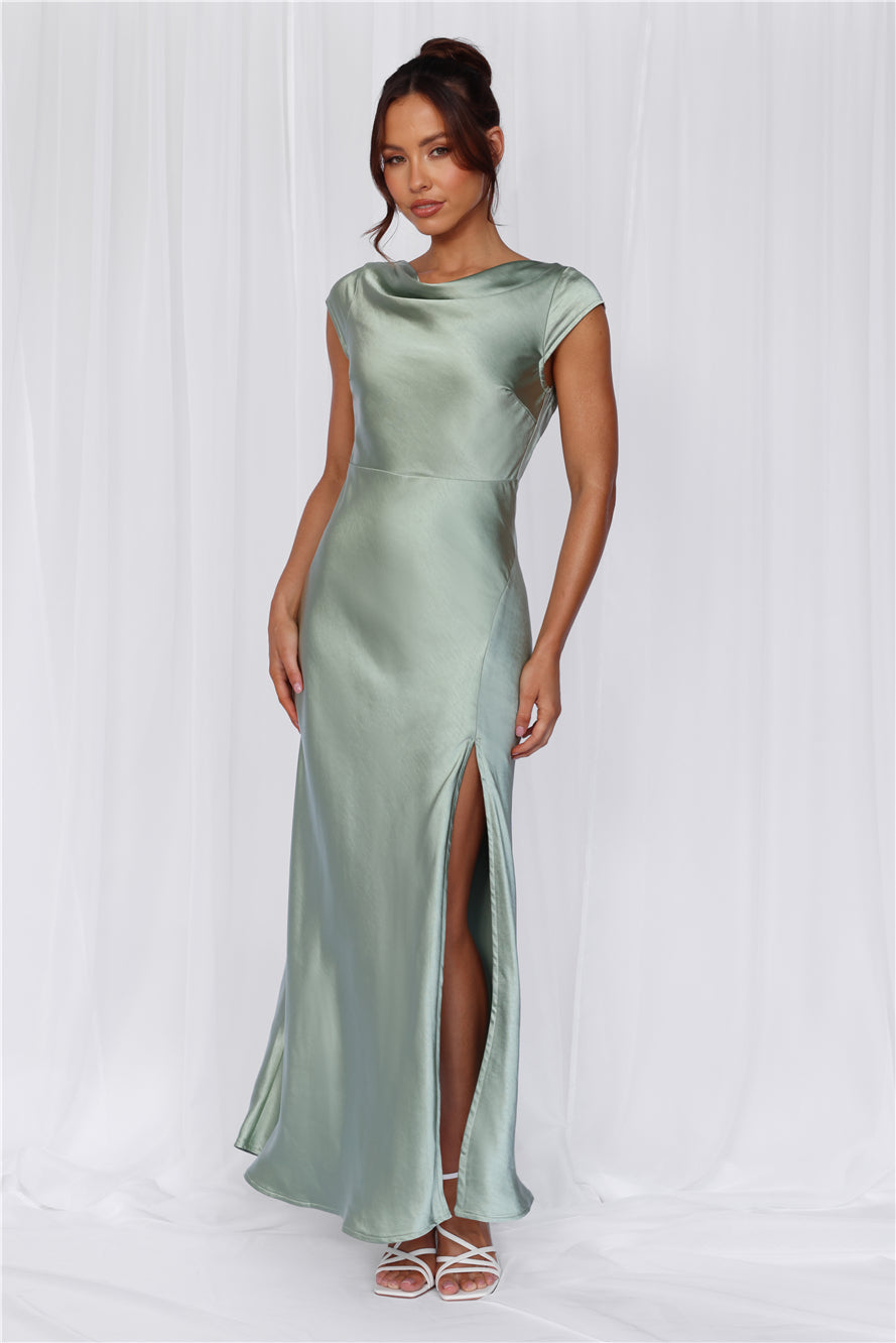 HELLO MOLLY The Valentina Cap Sleeve Satin Maxi Dress Sage