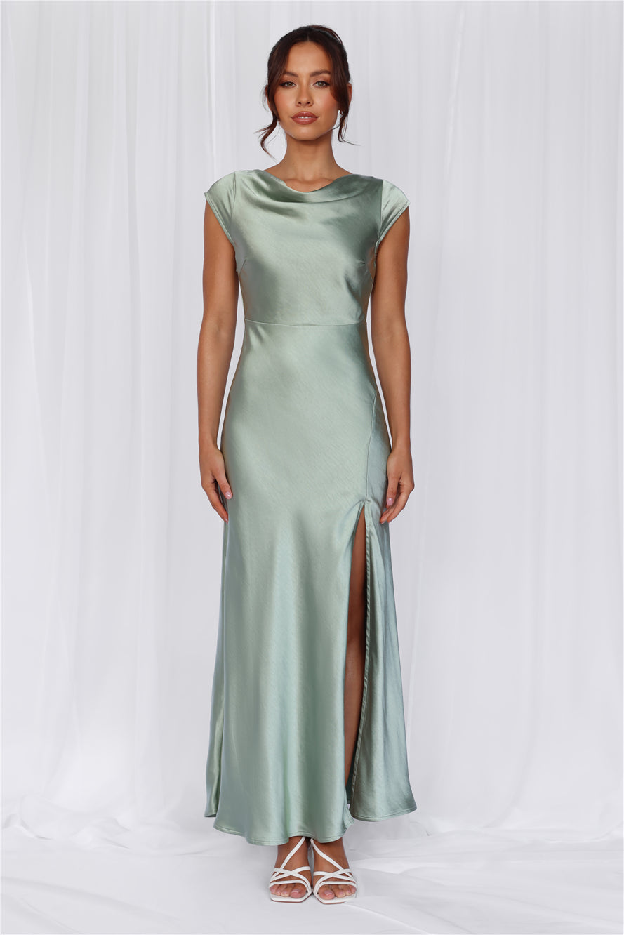 HELLO MOLLY The Valentina Cap Sleeve Satin Maxi Dress Sage