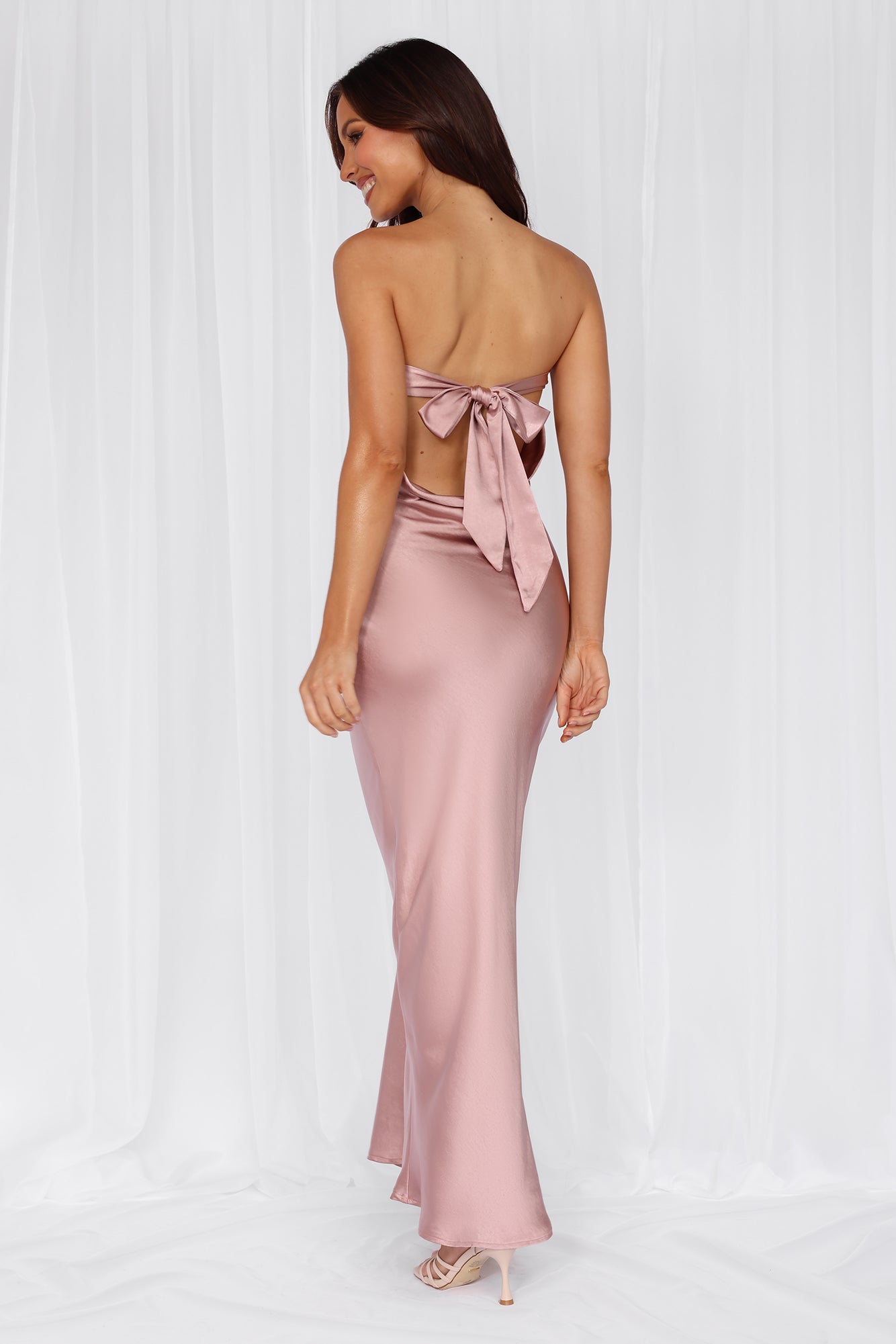 HELLO MOLLY The Felicity Strapless Satin Maxi Dress Dusty Pink