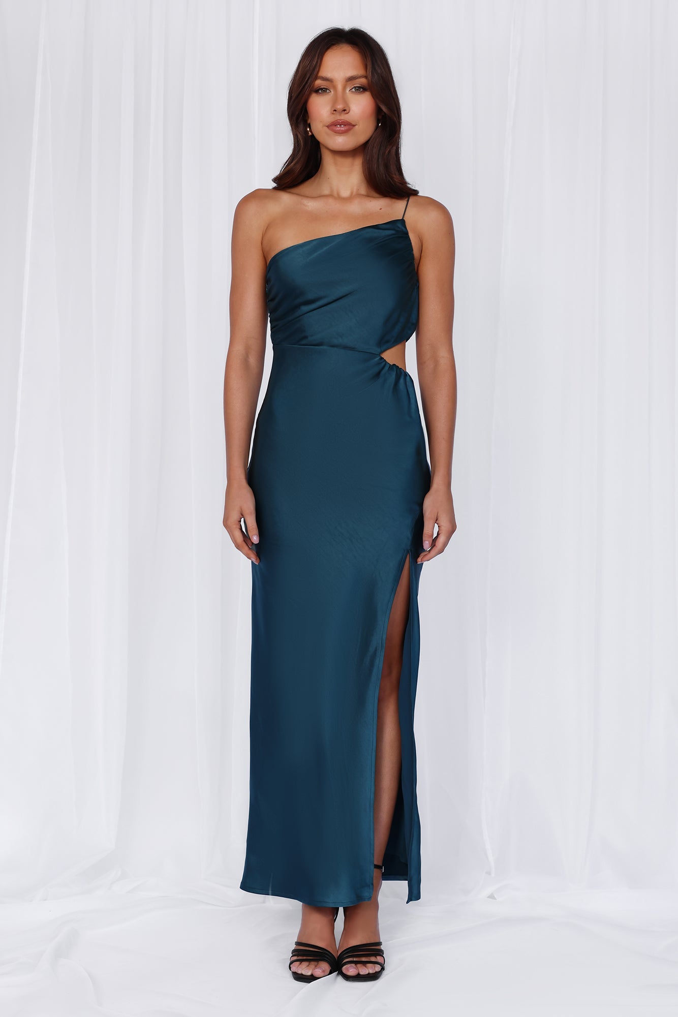 HELLO MOLLY The Opal One Shoulder Satin Maxi Dress Teal