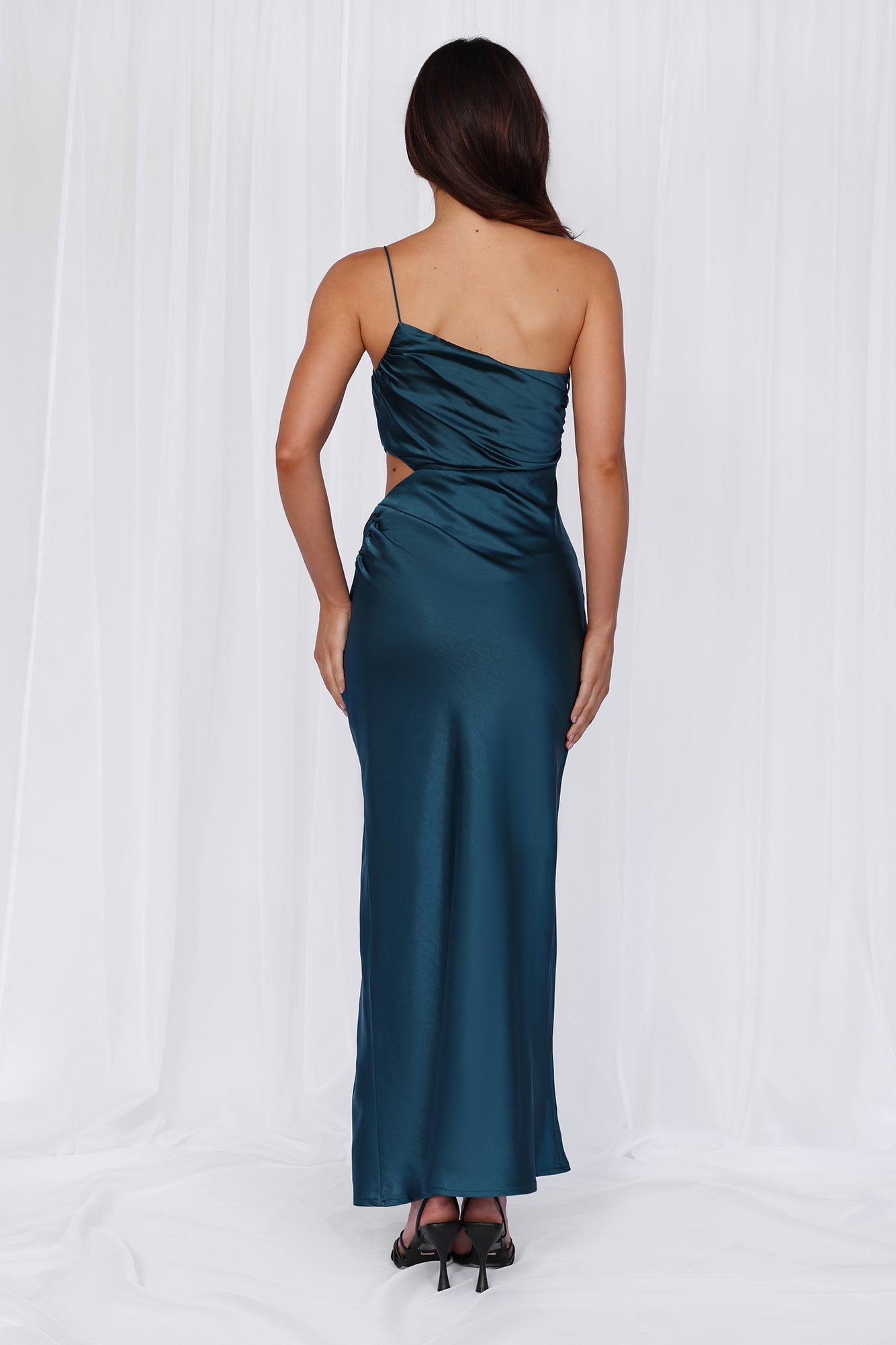 HELLO MOLLY The Opal One Shoulder Satin Maxi Dress Teal