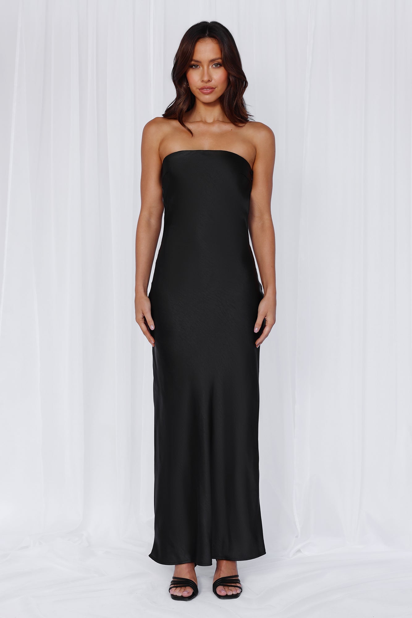 HELLO MOLLY The Felicity Strapless Satin Maxi Dress Black