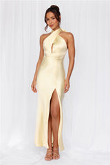 HELLO MOLLY The Adeline Halter Satin Maxi Dress Yellow