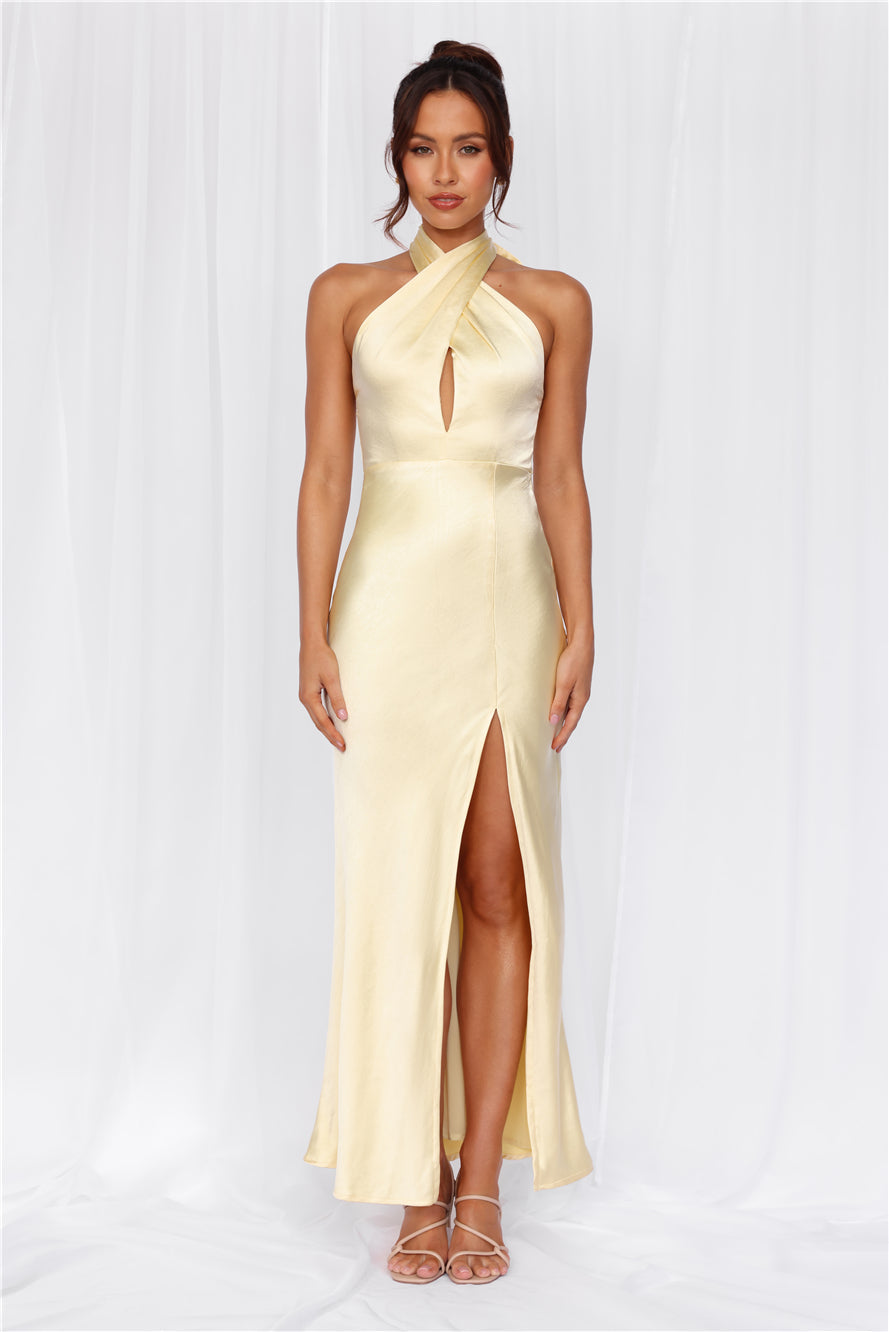 HELLO MOLLY The Adeline Halter Satin Maxi Dress Yellow