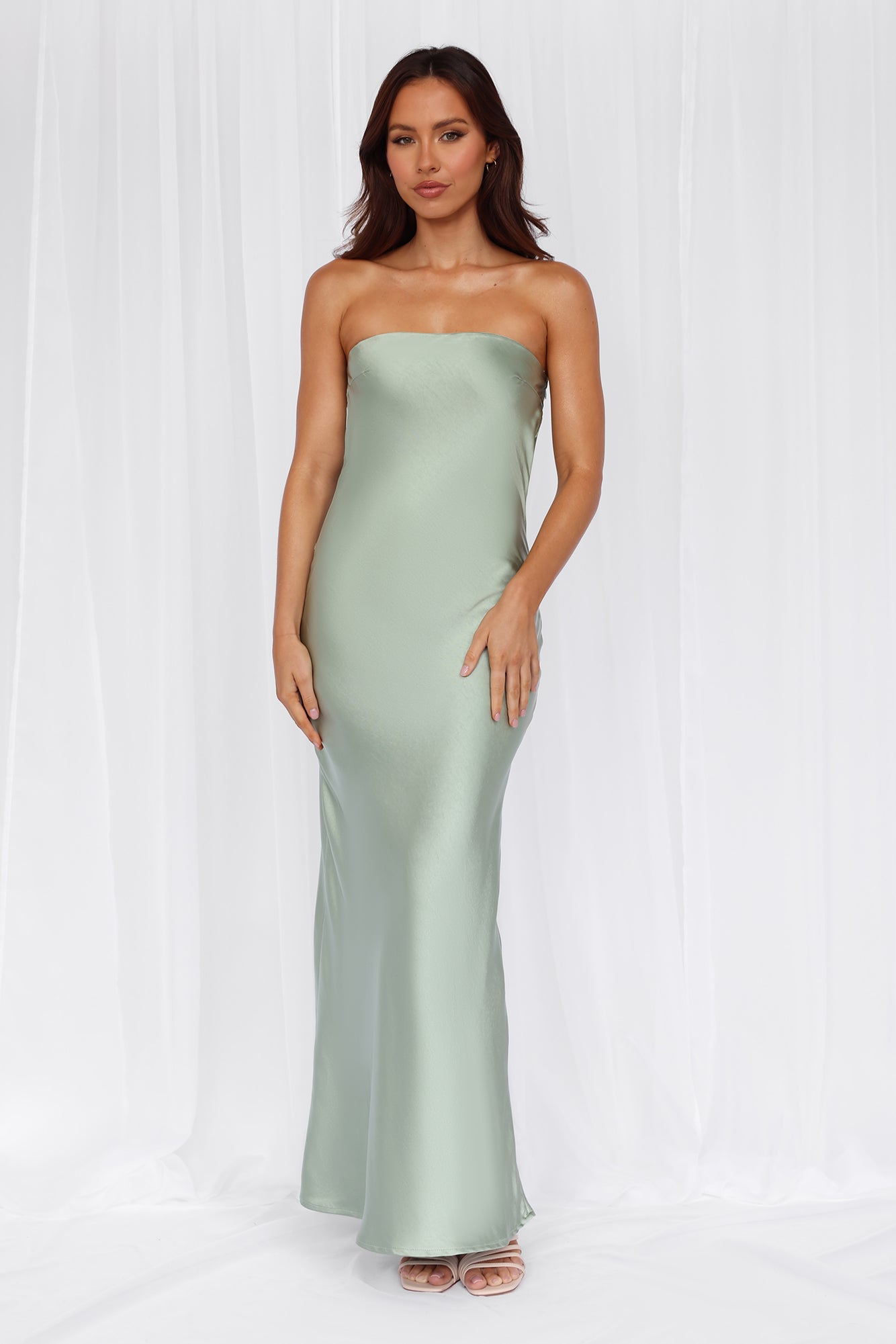 HELLO MOLLY The Felicity Strapless Satin Maxi Dress Sage