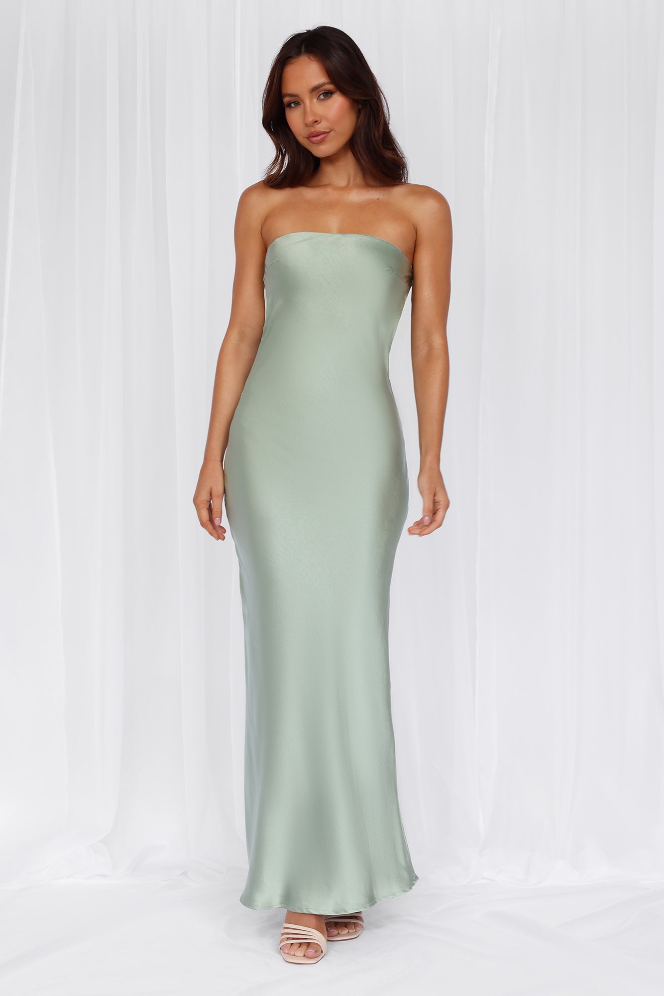 HELLO MOLLY The Felicity Strapless Satin Maxi Dress Sage