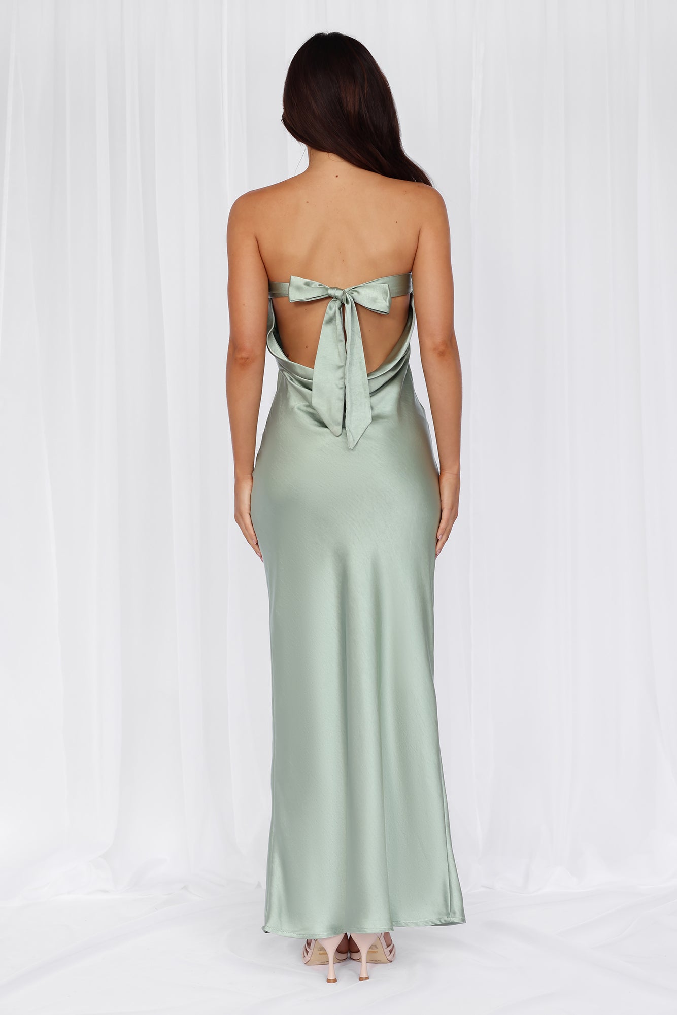 HELLO MOLLY The Felicity Strapless Satin Maxi Dress Sage
