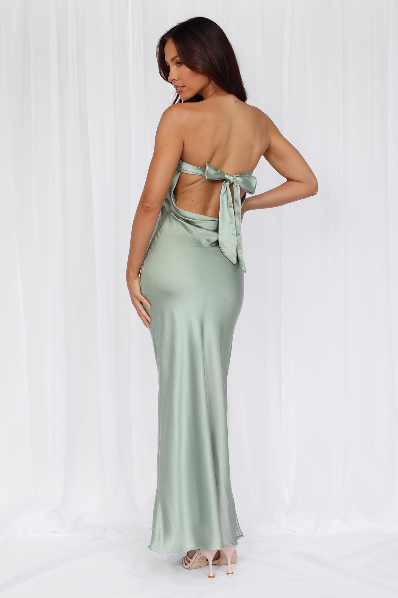 HELLO MOLLY The Felicity Strapless Satin Maxi Dress Sage