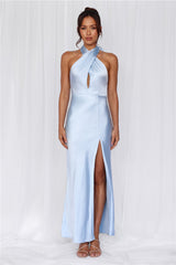 HELLO MOLLY The Adeline Halter Satin Maxi Dress Blue