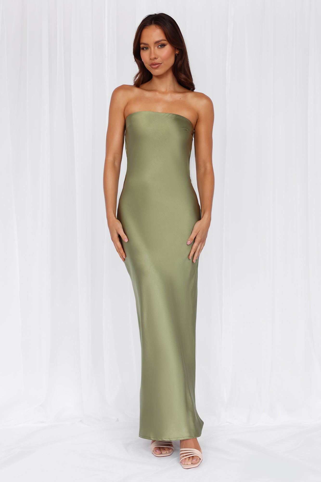 HELLO MOLLY The Felicity Strapless Satin Maxi Dress Olive