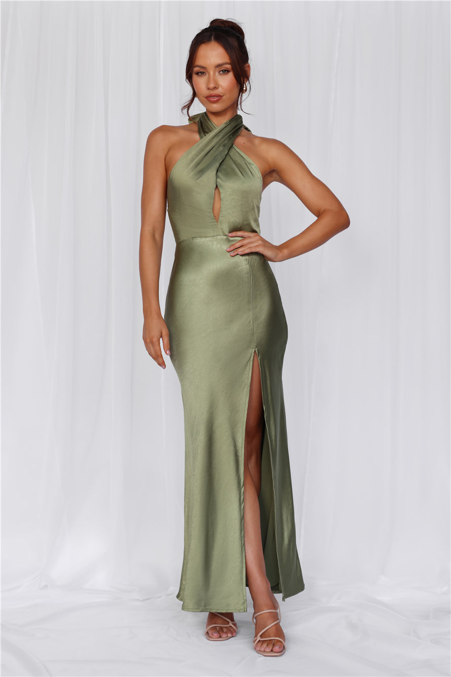 HELLO MOLLY The Adeline Halter Satin Maxi Dress Olive