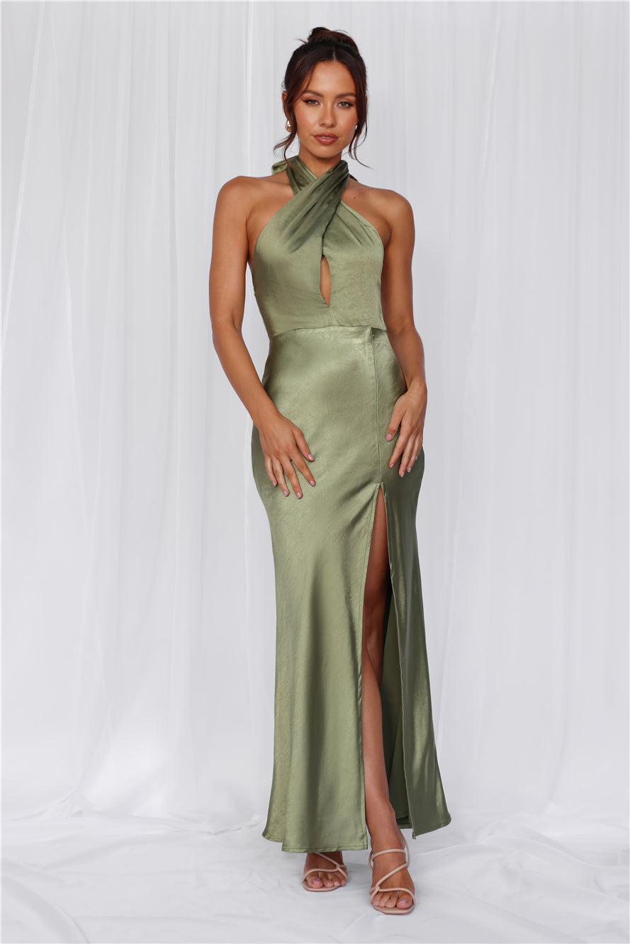 HELLO MOLLY The Adeline Halter Satin Maxi Dress Olive