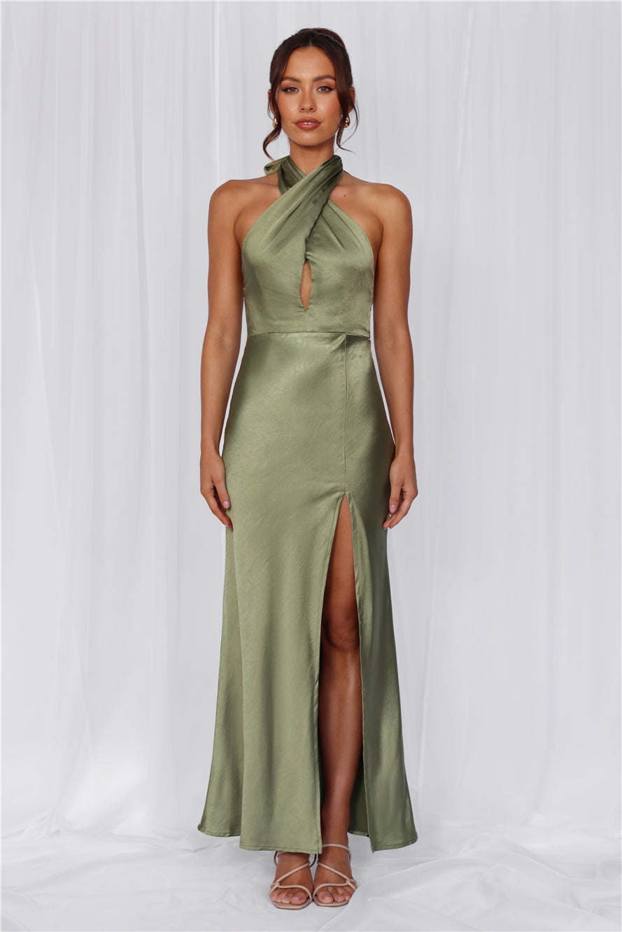 HELLO MOLLY The Adeline Halter Satin Maxi Dress Olive