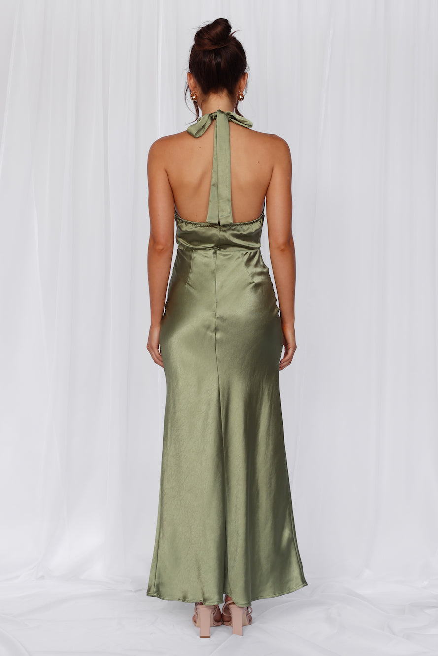 HELLO MOLLY The Adeline Halter Satin Maxi Dress Olive