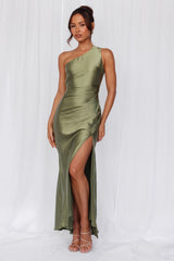 HELLO MOLLY The Aurora One Shoulder Satin Maxi Dress Olive