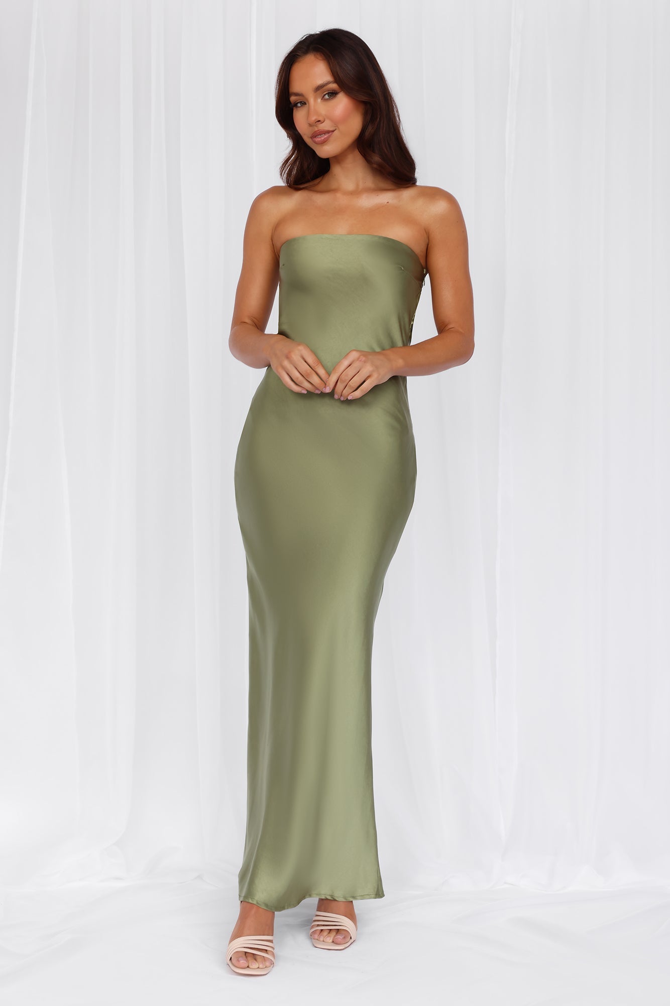 HELLO MOLLY The Felicity Strapless Satin Maxi Dress Olive