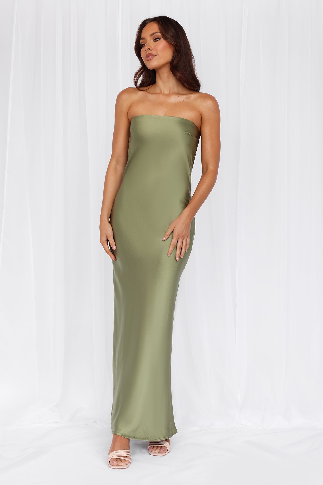 HELLO MOLLY The Felicity Strapless Satin Maxi Dress Olive