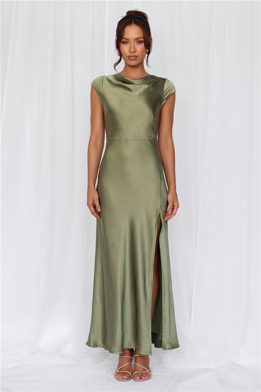 HELLO MOLLY The Valentina Cap Sleeve Satin Maxi Dress Olive