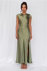 HELLO MOLLY The Valentina Cap Sleeve Satin Maxi Dress Olive