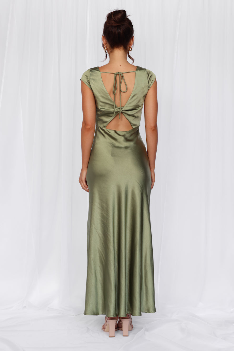 HELLO MOLLY The Valentina Cap Sleeve Satin Maxi Dress Olive