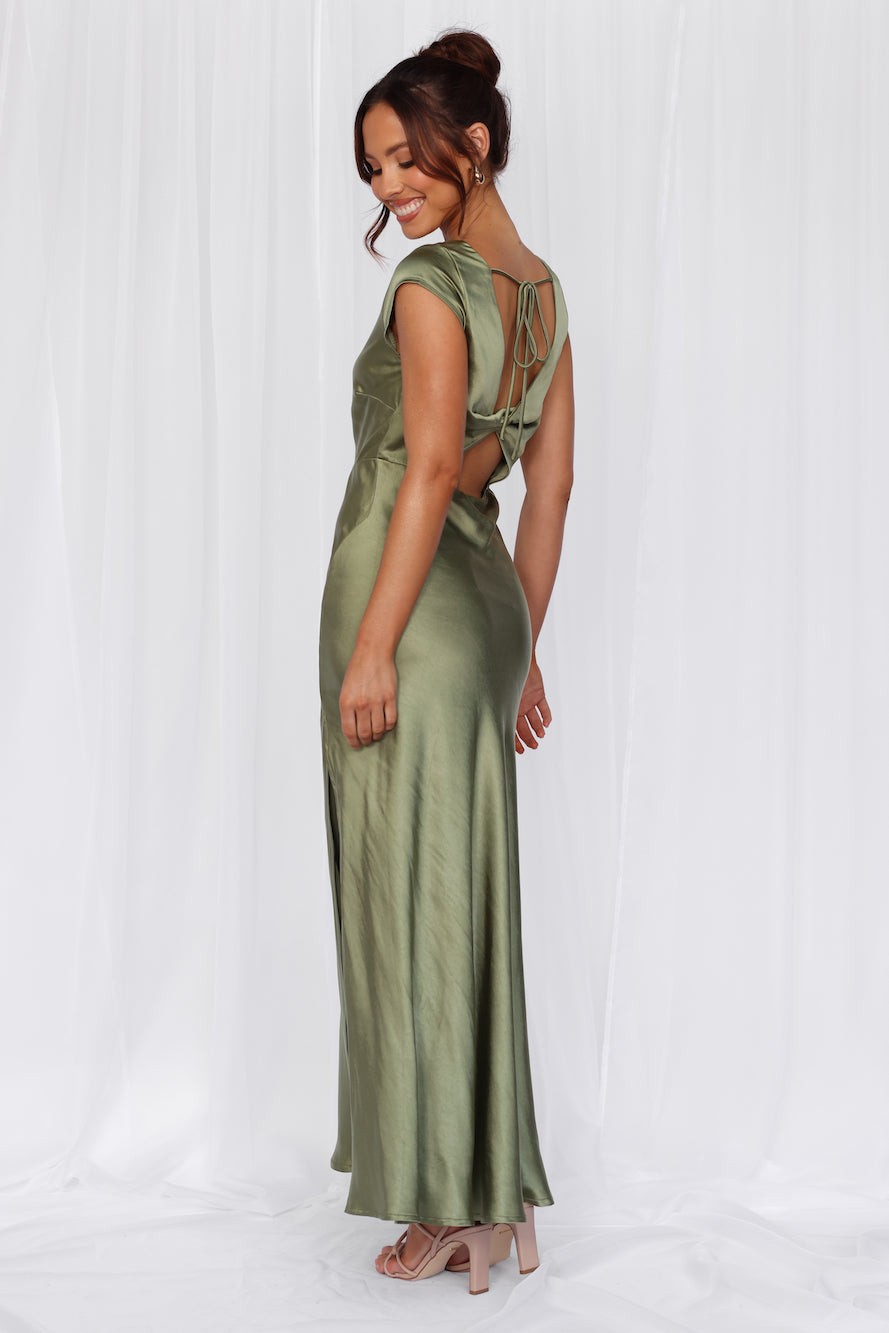 HELLO MOLLY The Valentina Cap Sleeve Satin Maxi Dress Olive