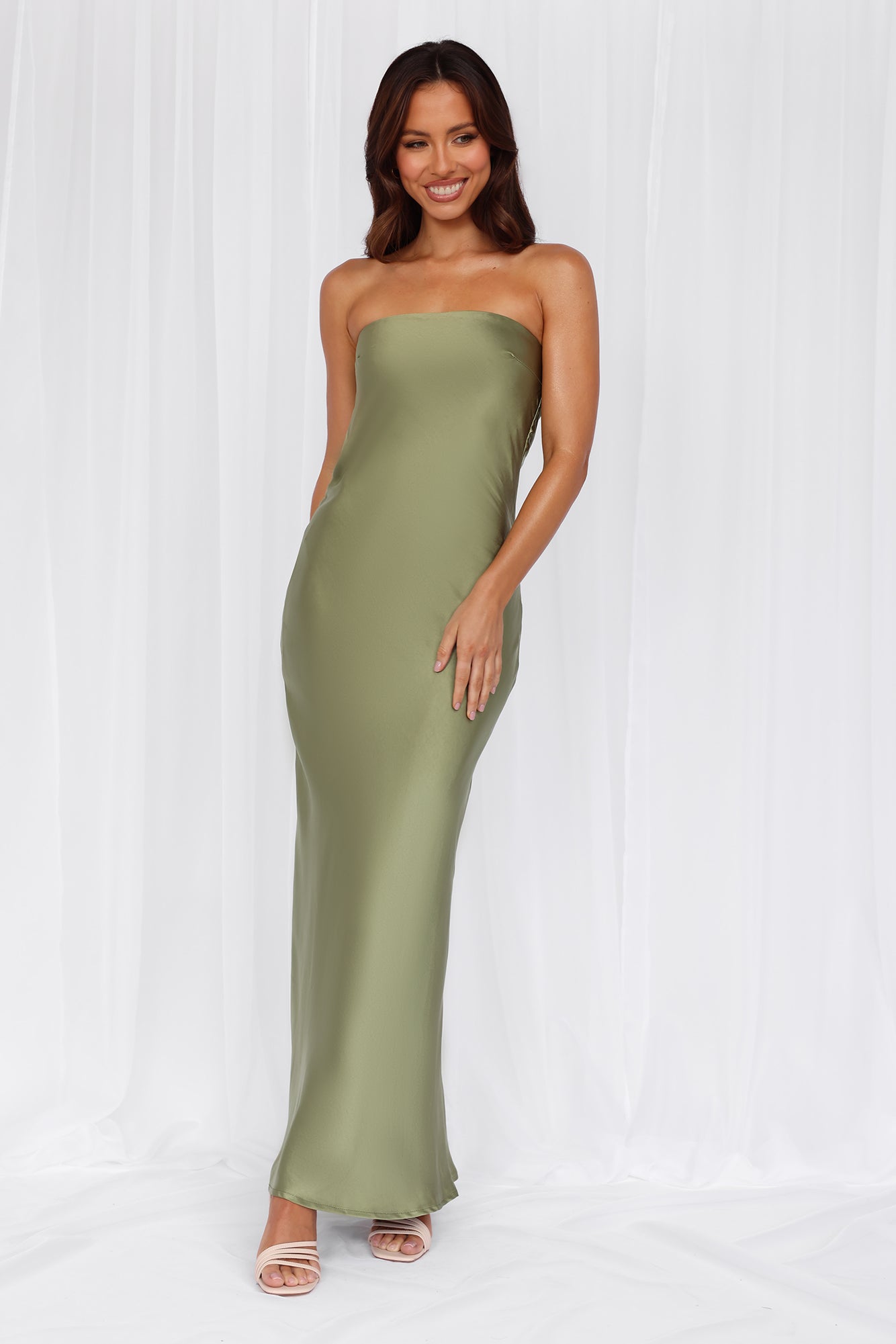 HELLO MOLLY The Felicity Strapless Satin Maxi Dress Olive