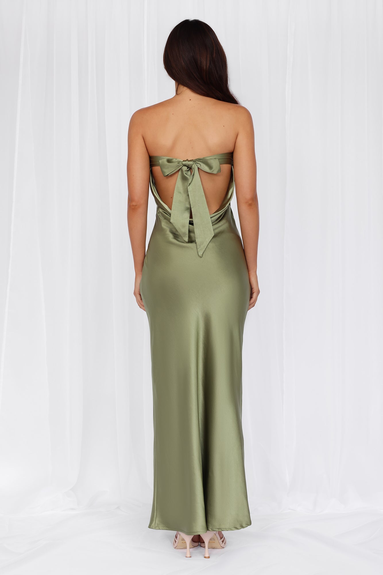 HELLO MOLLY The Felicity Strapless Satin Maxi Dress Olive