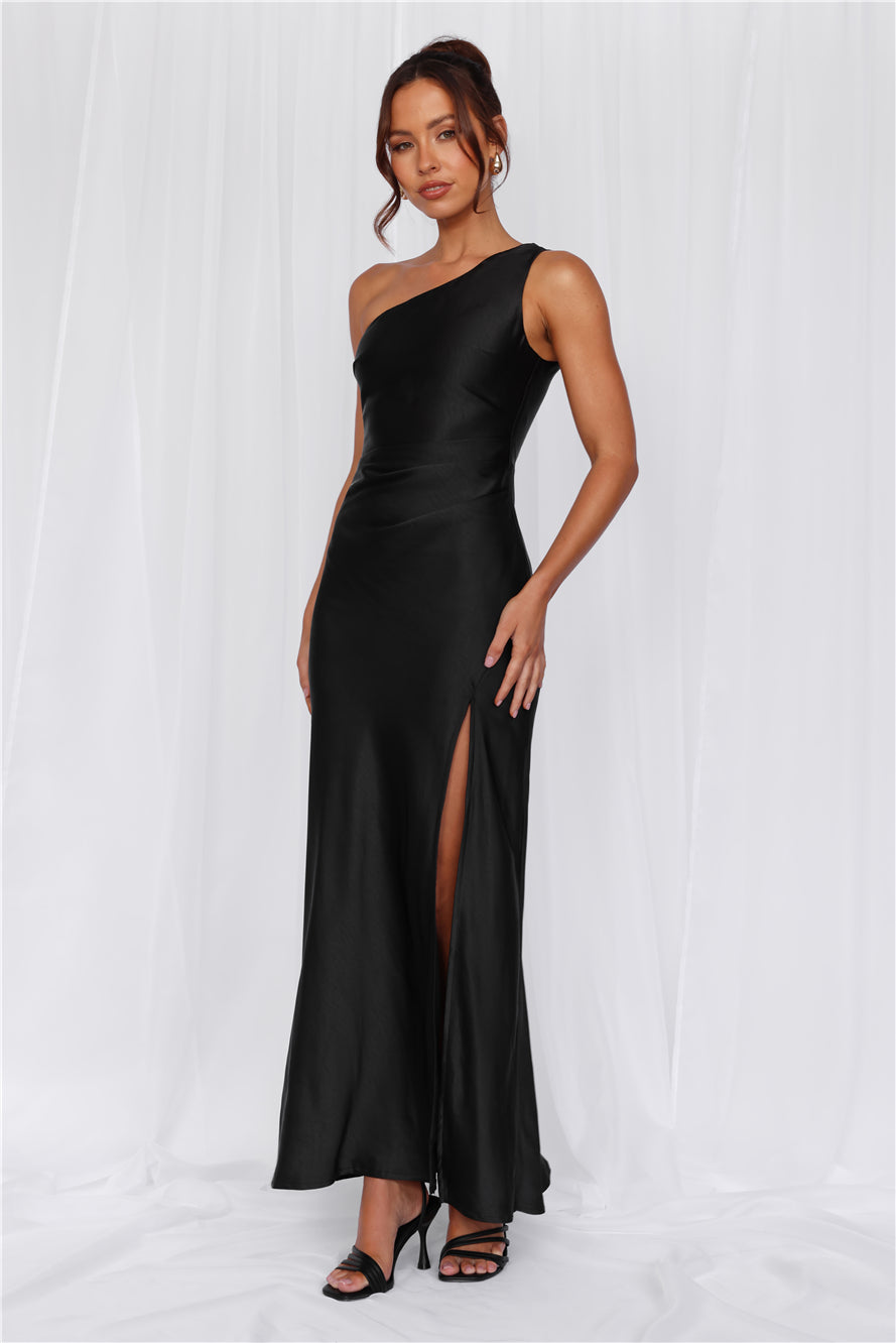 HELLO MOLLY The Aurora One Shoulder Satin Maxi Dress Black