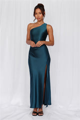 HELLO MOLLY The Aurora One Shoulder Satin Maxi Dress Teal