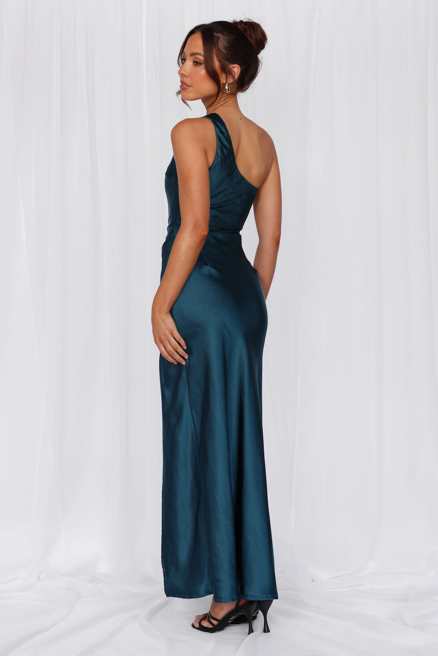 HELLO MOLLY The Aurora One Shoulder Satin Maxi Dress Teal