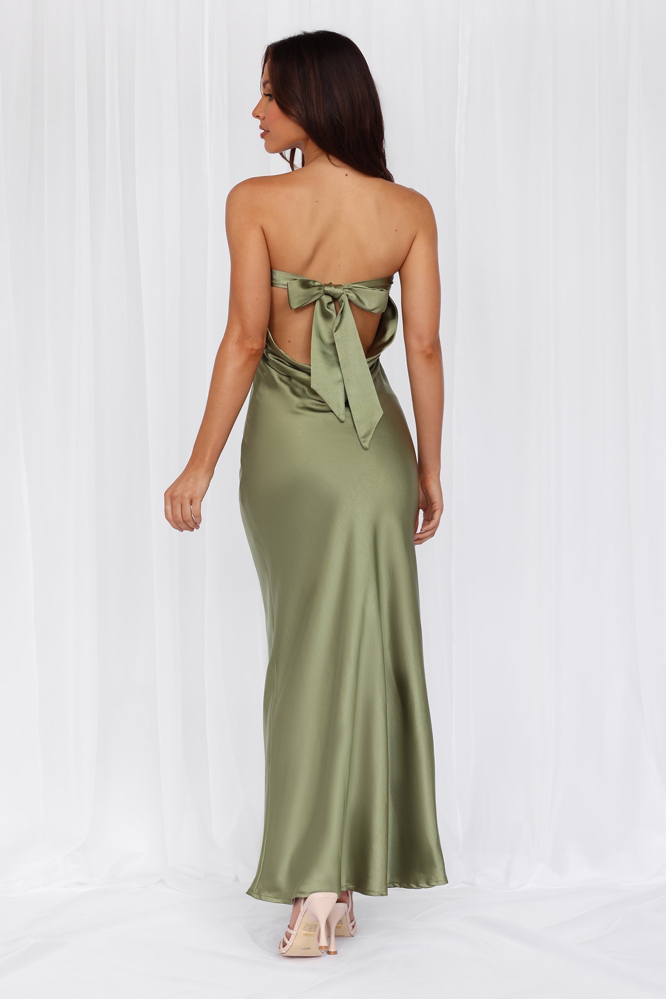 HELLO MOLLY The Felicity Strapless Satin Maxi Dress Olive