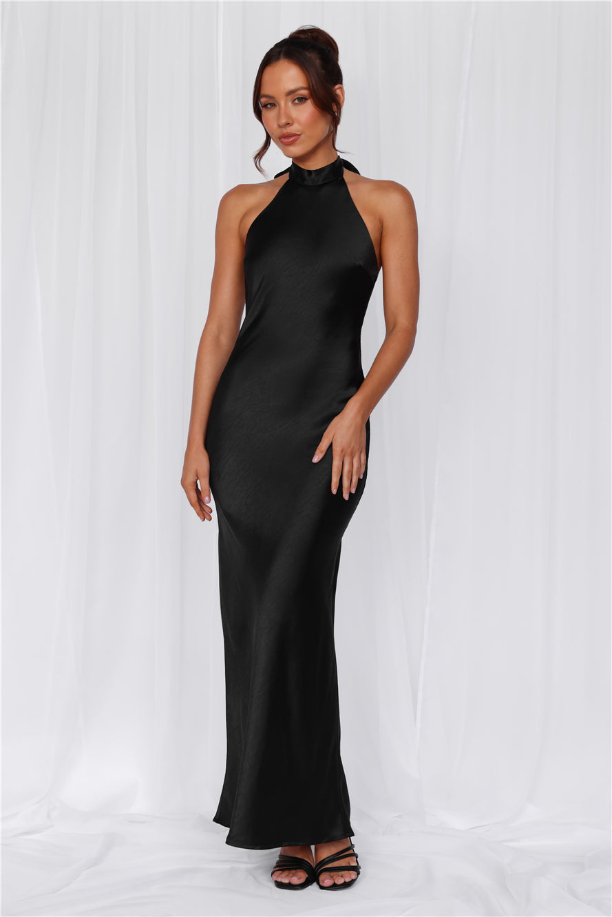 HELLO MOLLY The Cleo Halter Satin Maxi Dress Black