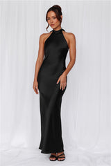 HELLO MOLLY The Cleo Halter Satin Maxi Dress Black