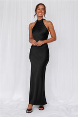 HELLO MOLLY The Cleo Halter Satin Maxi Dress Black