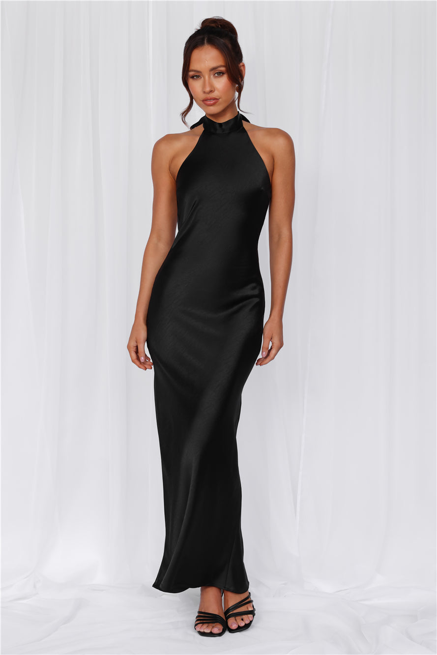 HELLO MOLLY The Cleo Halter Satin Maxi Dress Black