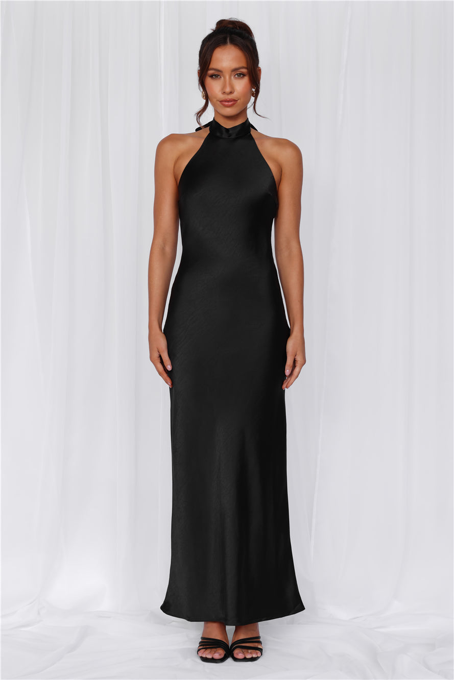 HELLO MOLLY The Cleo Halter Satin Maxi Dress Black