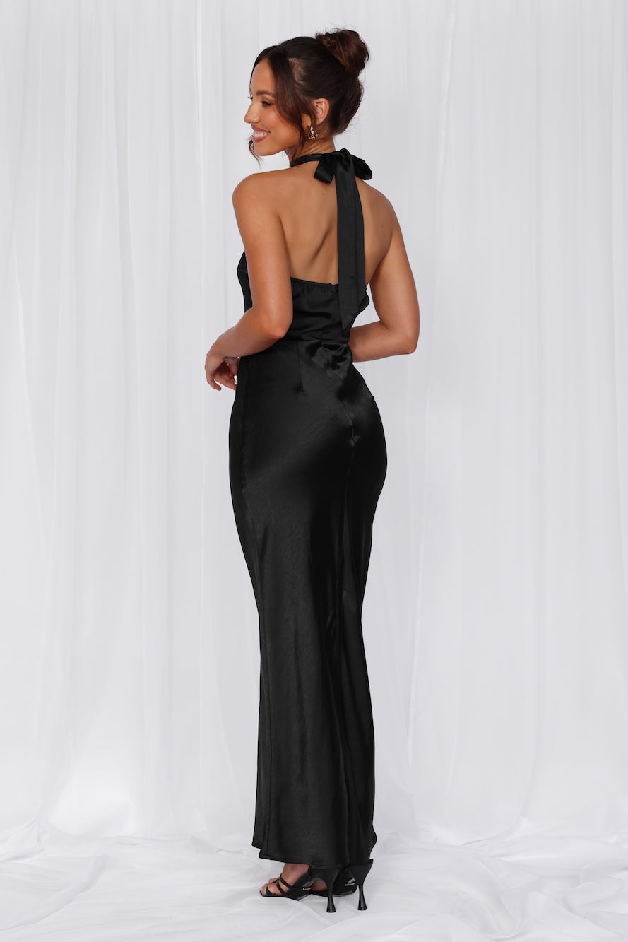 HELLO MOLLY The Cleo Halter Satin Maxi Dress Black