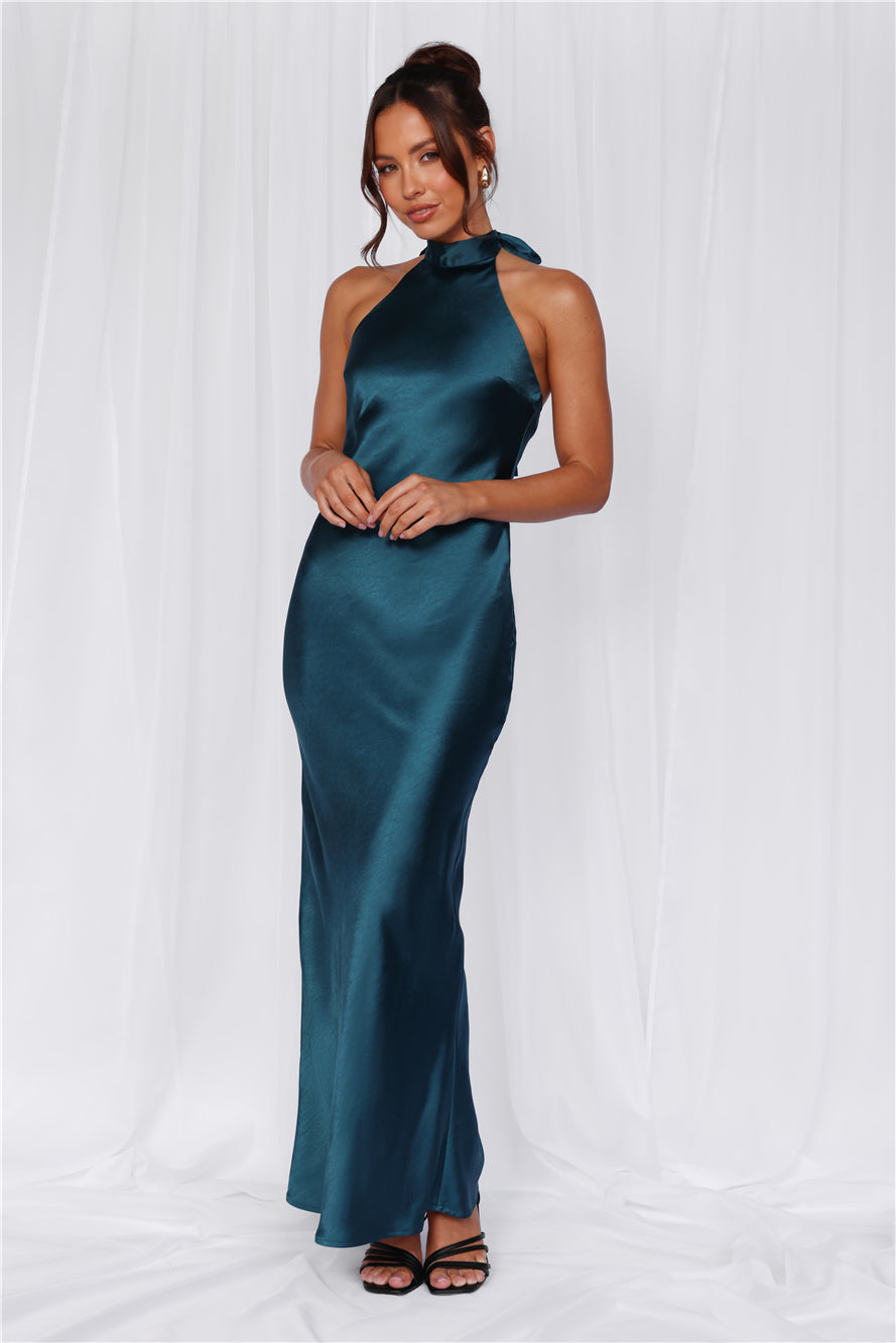 HELLO MOLLY The Cleo Halter Satin Maxi Dress Teal
