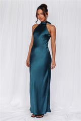HELLO MOLLY The Cleo Halter Satin Maxi Dress Teal