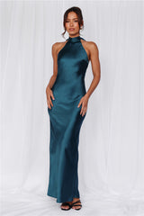 HELLO MOLLY The Cleo Halter Satin Maxi Dress Teal