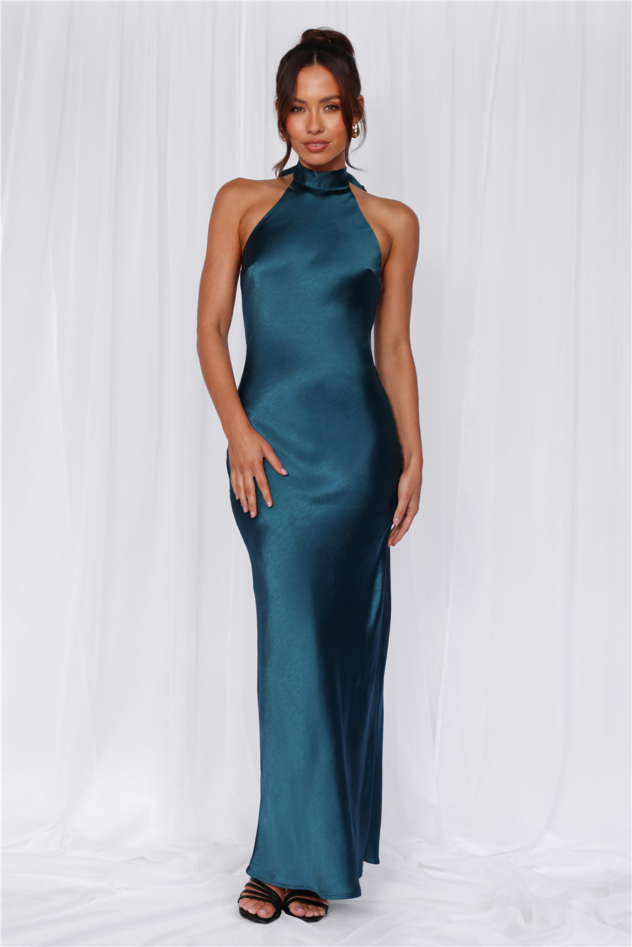 HELLO MOLLY The Cleo Halter Satin Maxi Dress Teal
